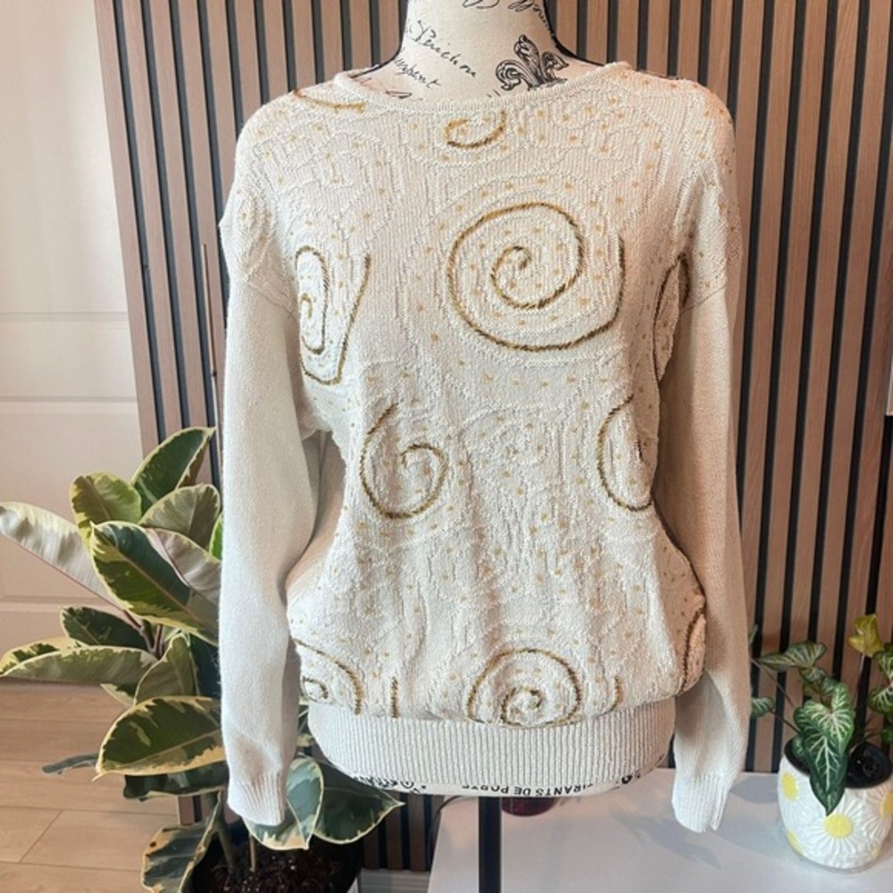 Vintage Dana‎ Scott Sweater Ivory Gold Embellished Knit Top Women's Medium